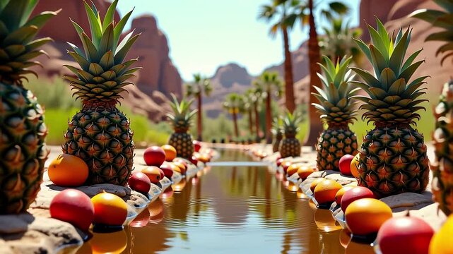 Row of pineapples and oranges sitting next to a body of water