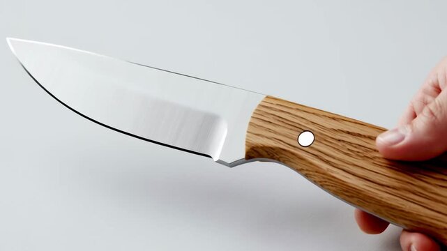 Hand holding sharp knife with wooden handle