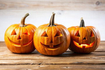 Four Illuminated Jack-o'-Lantern Pumpkins; Festive Halloween Still Life; Warm, Friendly Mood.