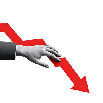 Red arrow pointing down isolated on transparent background, symbolizing economic decline and financial downturn