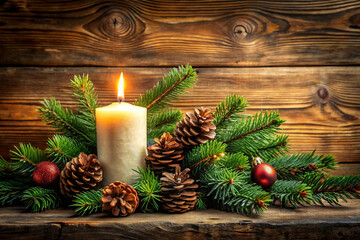 Rustic candle surrounded by festive greenery and berries.