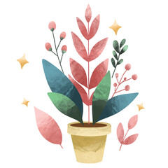 Potted plants set. Interior houseplants in planters, baskets, flowerpots. Home indoor green decor. Set collection vector illustration watercolor 