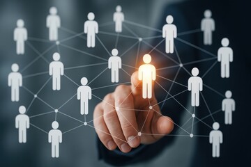 Hand gestures selecting glowing figure in futuristic network data visualization