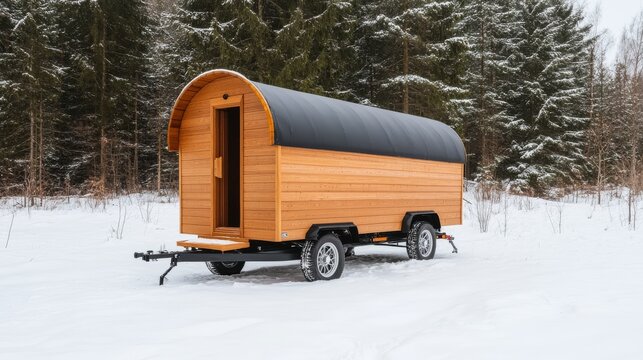 Wooden Barrel Sauna Trailer in Snowy Forest, Mobile Sauna, Winter Sauna
