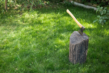 The axe is stuck in the stump