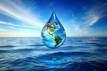 Water droplet containing a globe, symbolizing World Water Day and clean water conservation, clean water