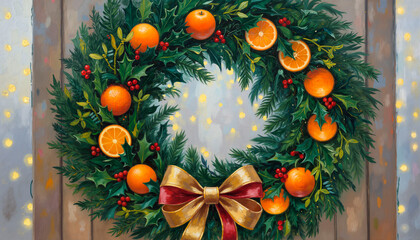 Watercolor wreath with oranges and red ribbon on festive background