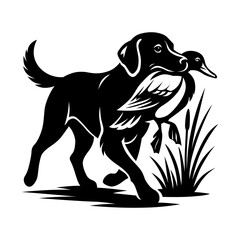 Hunting Dog with Duck Vector Illustration – Black and White Retriever Carrying Bird, Wildlife and Hunting Design