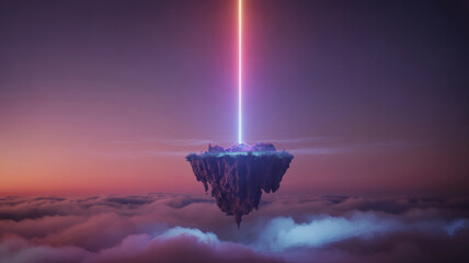 Floating island above clouds with glowing energy beam at sunset sky