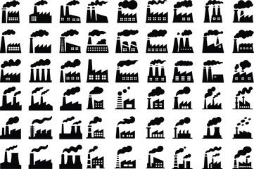 Factory with Smoke Coming Icon Set Industrial Plant Emission Vector Collection
