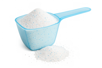 Washing powder in blue scoop and pile of detergent, concept of laundry cleaning and hygiene, transparent background