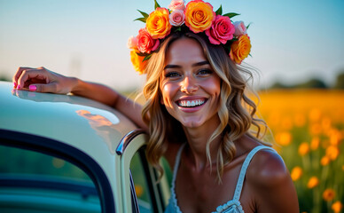 Girl in flower crown smiling next to vintage car in blooming field