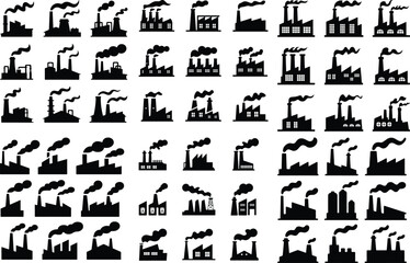 Factory with Smoke Coming Icon Set Industrial Plant Emission Vector Collection