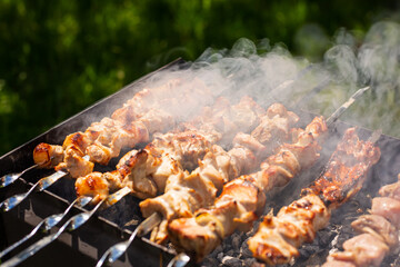 fried meat in smoke