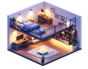  Modern Studio Apartment Interior with Minimalist Furniture, Wide Angle View, isolated transparent background png