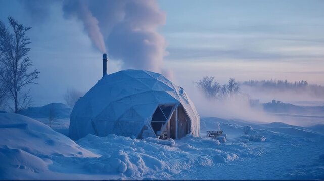 Geodesic dome, off-grid house in snowy landscape with smoke rising in winter  