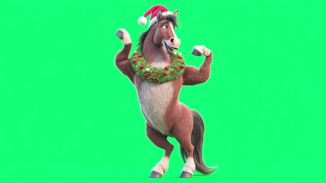 A muscular cartoon horse wearing a santa hat and christmas wreath, flexing its biceps on a green screen background, celebrating the holiday season with festive cheer