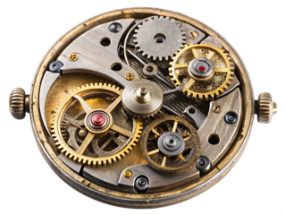 Intricate antique watch movement, with brass gears and ruby jewels, cutout, PNG isolated on white or transparent background