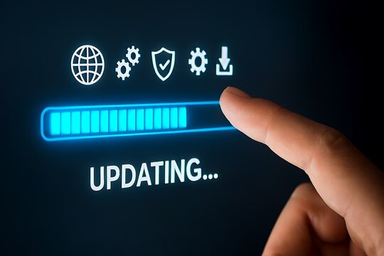 A finger interacts with a digital screen displaying a loading bar and icons for globe, gears, shield, and download, with the text updating indicating a system update in progress