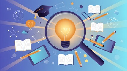 Educational growth and goal achievement concepts. Magnifying glass focuses on a light bulb representing ideas, surrounded by various education symbols. e-Learning, learning online, training course,