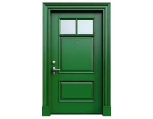 Classic green wooden door with a small glass window panel and brass hardware isolated on transparent background