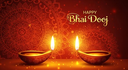 Sacred Bhai Dooj Scene Sister Performing Ritual Prayer in Front of Brother Surrounded by Bright Diyas Lotus Flowers Golden Cloth Backdrop Capturing Spiritual Light and Sibling Bond in Vibrant Colors