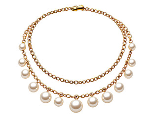 Fototapeta premium Elegant double strand gold chain necklace adorned with lustrous white pearls dangling elegantly isolated on transparent background