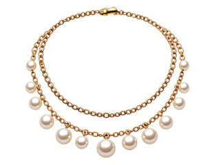 Elegant double strand gold chain necklace adorned with lustrous white pearls dangling elegantly isolated on transparent background