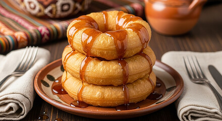 Stack of Fresh Donuts with Caramel Syrup on a Plate
