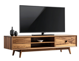 Modern rustic wooden media console with flat screen television and decorative bottles isolated on transparent background