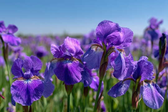 Vibrant photo of purple irises blooming in a field under a clear blue sky