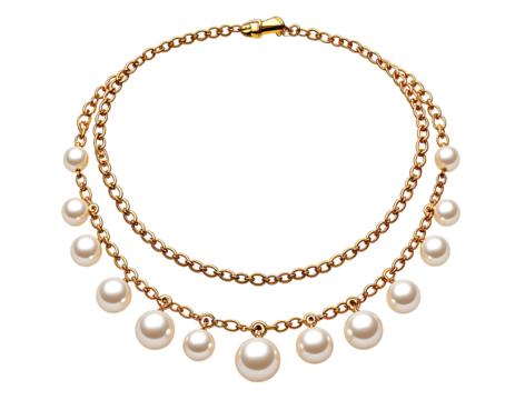 Elegant double strand gold chain necklace adorned with lustrous white pearls dangling elegantly isolated on transparent background