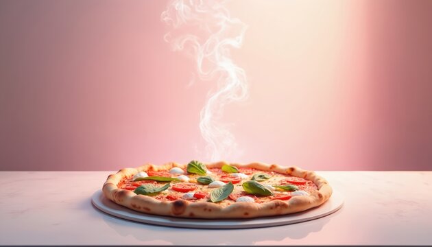 Hot steamy pizza with tomato cheese basil leaves topping. Appetizing food on table on plate with pink background. Restaurant, catering, menu concept. Tasty bake for culinary blog.
