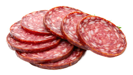 Sliced Cured Sausage, with Visible Fat Marbling and a Hint of Green Garnish, cutout, PNG isolated on white or transparent background