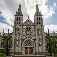 Obraz premium Stone cathedral with twin spires and intricate stained glass design 