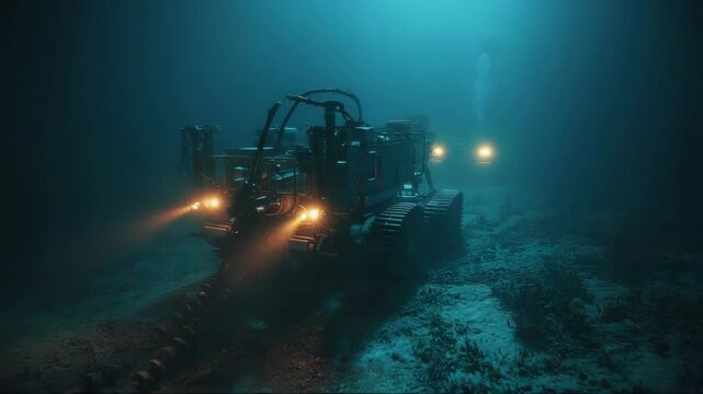 Underwater vehicle operating on seafloor illuminated by lights, deep sea mining  