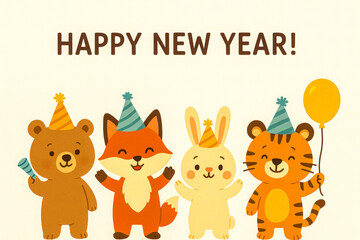 Horizontal format. Adorable cartoon bear, fox, rabbit, and tiger wearing party hats under &ldquo;Happy New Year&rdquo; text on light background, radiating playful warmth, cheerfulness perfect for greeting cards