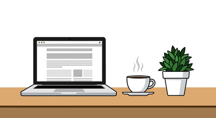 Fototapeta premium A laptop coffee cup and potted plant on a wooden desk