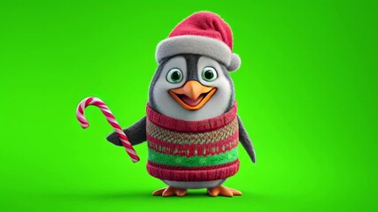 Adorable cartoon penguin in a festive christmas sweater and santa hat, holding a candy cane, isolated on a green background - Powered by Adobe