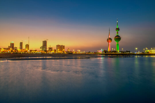 View of the Kuwait skyline - with the best known landmark of Kuwait City - during sunset