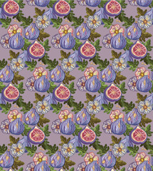 Pattern with figs on a branch, hand-drawn