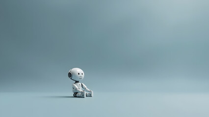 Humanoid robot sitting thoughtfully in an open space. Minimal gradient background with calm, emotional tone and copyspace above.