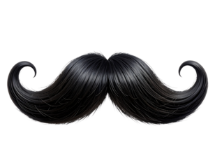 A classic black handlebar mustache with curled ends isolated on transparent background
