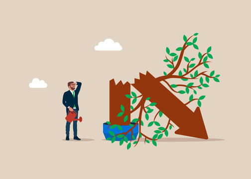 Crisis. Businessman with the broken tree looks like an arrow down. Stock market crash. Survive investment crash, crisis or recession, pushing back. Economic recession. Vector flat illustration