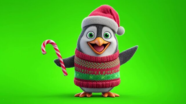 Cute cartoon penguin wearing a christmas sweater and santa hat, holding a candy cane, isolated on a green background