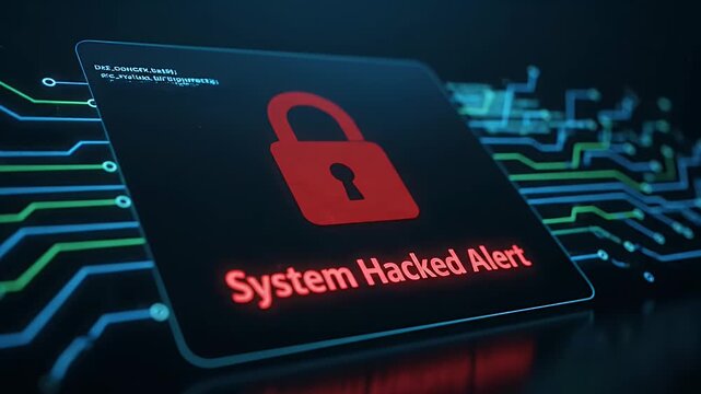 Red Padlock Icon with System Hacked Alert on Dark Background Featuring Blue and Green Circuit Board Traces Cyber Security Concept