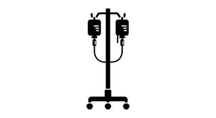 Medical IV Drip Stand with Bags Silhouette Icon.