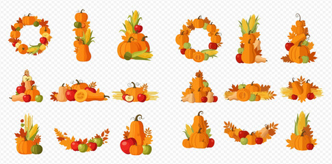Collection of autumn decorations with pumpkins, apples, corn and leaves.