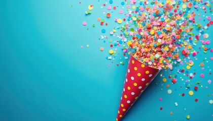 Confetti explodes from red polka dot party popper on bright blue background. Colorful paper dots, stars scatter, creating festive celebratory mood for events like birthdays holidays. Fun party