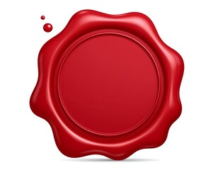 Glossy, red wax seal, round center, scalloped edge, isolated on white